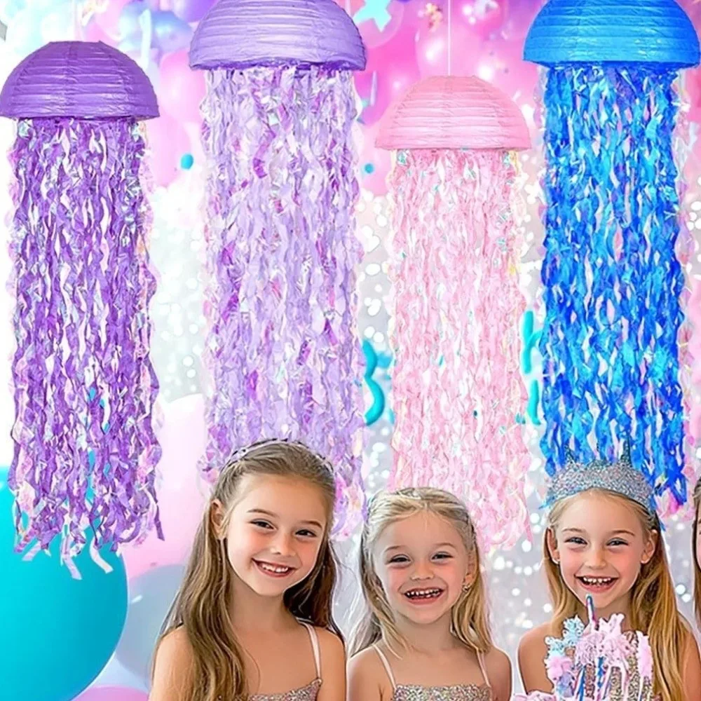 Lanternes en papier pliables à thème océanique, en forme de méduse, avec design à pompons, faites à la main, pour festivals et fêtes de mi-automne