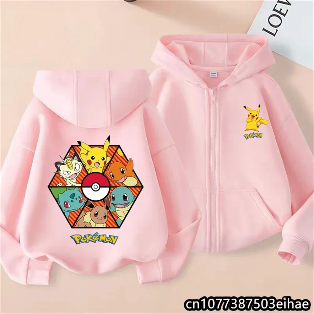 Fashion Streetwear Kids Zip Up Hoodie Jacket, Japanese Anime Pokémon Printed Zipper Sweatshirt, Casual Coat For Boys Girls