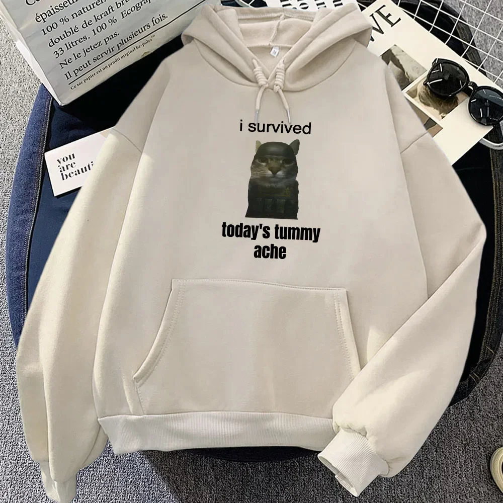 Graphic Hoodies Meme CAT I Survived Today's Tummy Ache Sweatshirts Sudaderas Winter Women Men Unisex Clothing Funny Print Hoodie