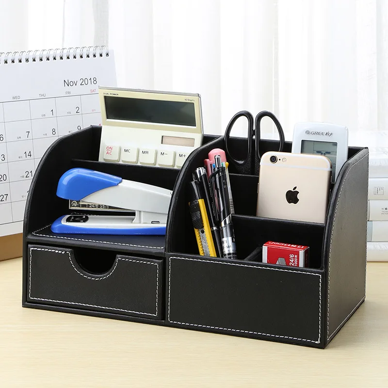 square-leather-pen-holder-creative-multi-functional-office-supplies-drawer-style-storage-box-desktop-organizer-customizable-logo