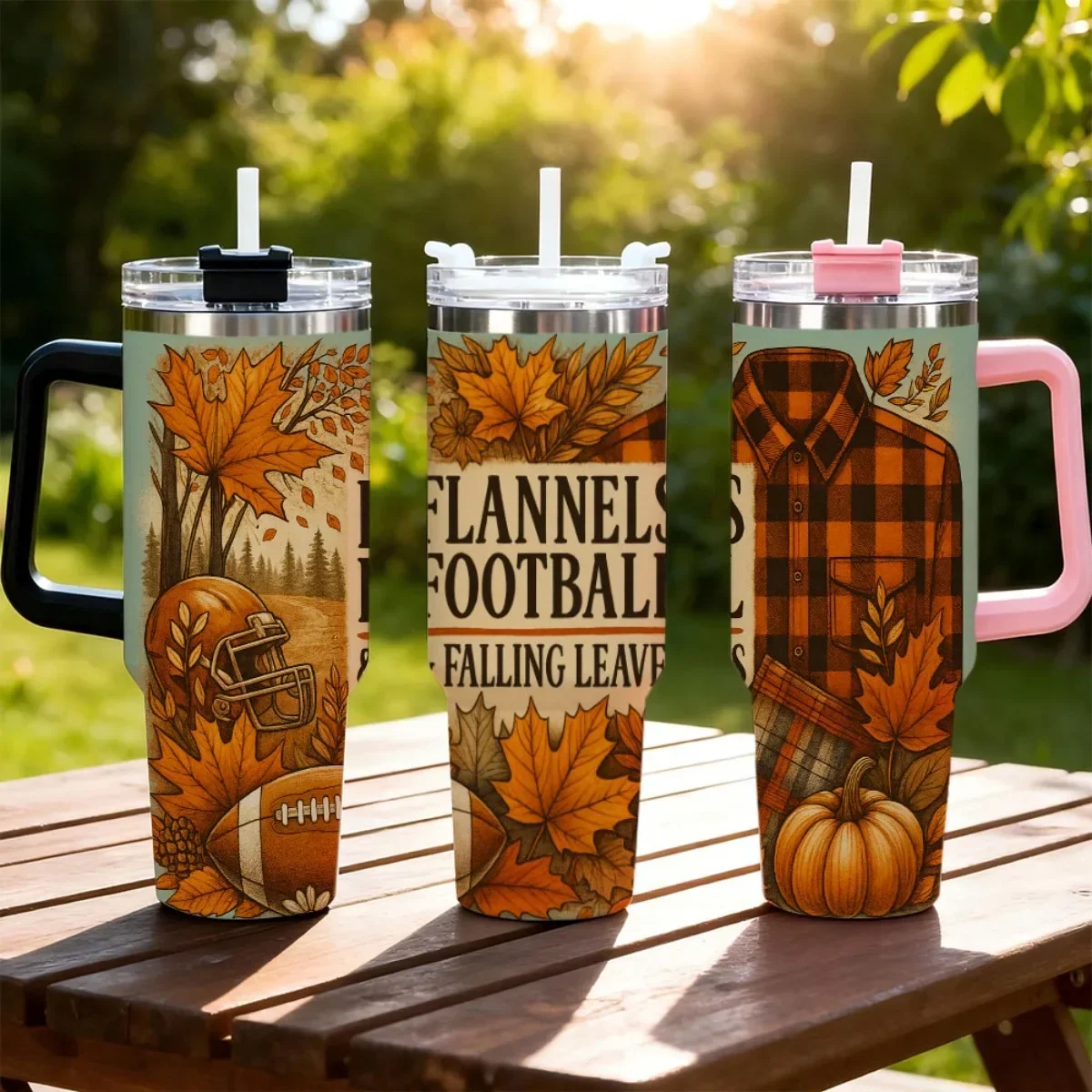 1pc of a 40Oz Stainless Steel Tumbler Featuring a 3D Football Cap Design, a Shirt with Fall Leaves, And an Alphabet Print. This Large Capacity Slim Cup Comes with a Straw And Lid