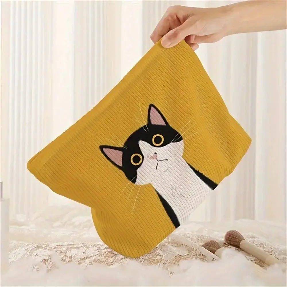 

Corduroy Makeup Bag Large Capacity Cat Patterned Cosmetic Bag Polyester with Zipper Travel Storage Bag Multi-Purpose Use