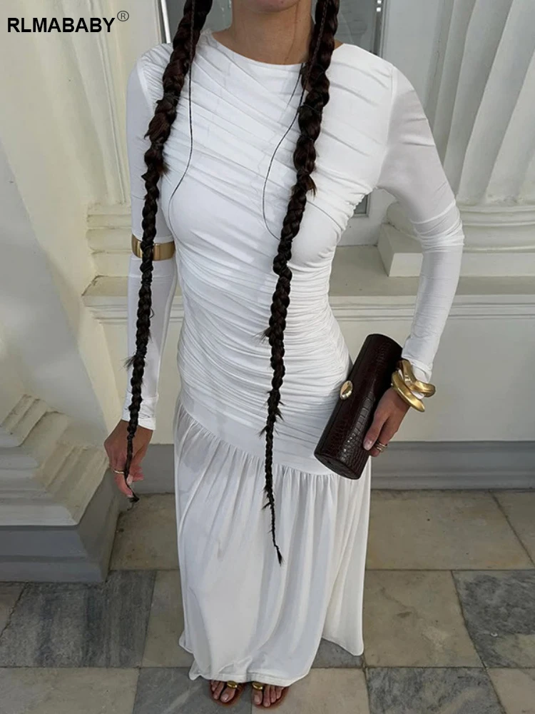 فستان RLMABABY أنيق للنساء للخريف بياقة دائرية وأكمام طويلة مكشكش فستان طويل مثير بخصر عالٍ ثنيات طيات للحفلات فستان ماكسي #2