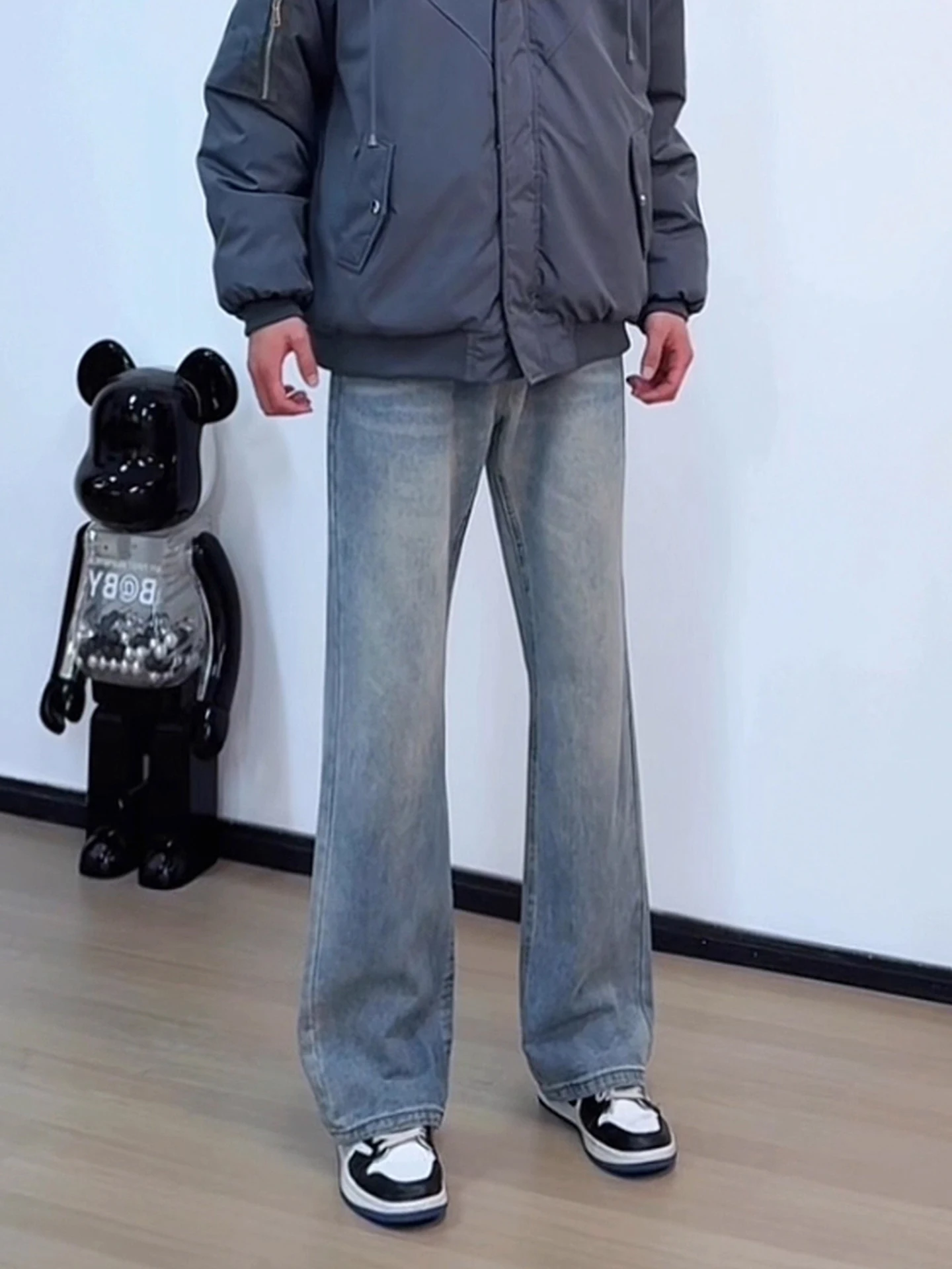 

Мужские джинсы-клеш в стиле ретро, синие, зимние, на флисовой подкладке, с высокой талией, прямые, длинные брюки в американском уличном стиле