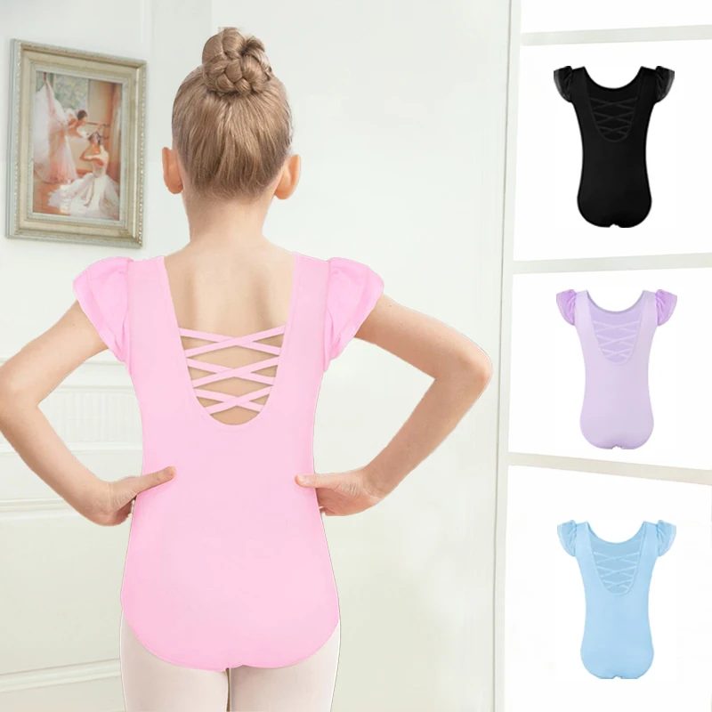 Mädchen-Ballett-Tanztrikot für Kleinkinder, Rüschenärmel, überkreuzte Träger, Rückentrikot für die Tanzpraxis