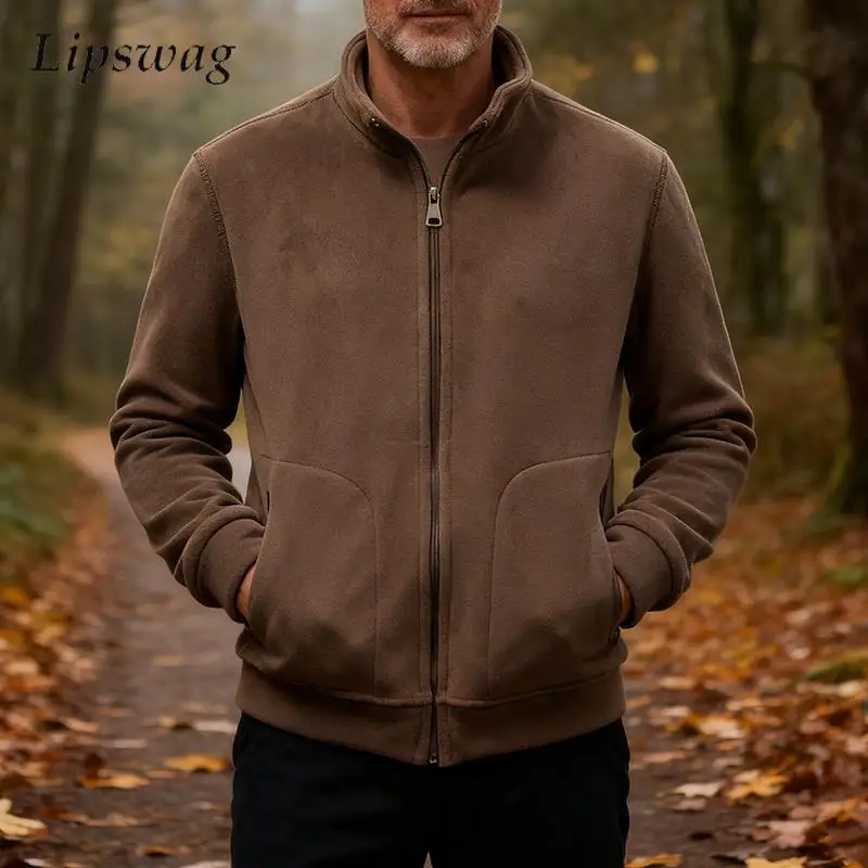 

Классическая флисовая куртка с воротником-стойкой для мужчин, осенне-зимняя уличная повседневная теплая флисовая верхняя одежда, мужские винтажные однотонные кардиганы