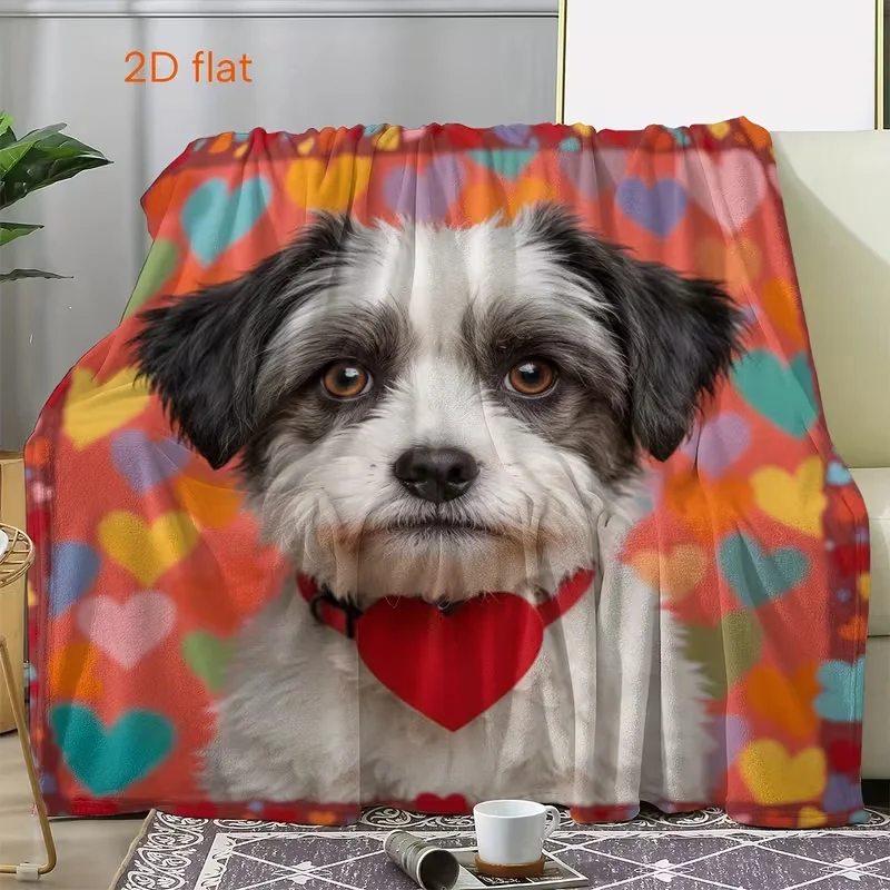 Cute Shih Tzu Dog Red Heart Collar Print Blanket Colorful Heart Background Soft Warm Blanket All Season For Sofa Bedroom