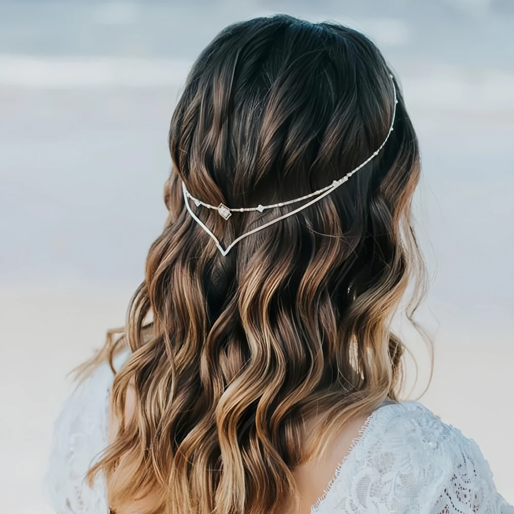 XSBODY Charm Rhinestone V Hair Chain Headband Indian Head Decoration Symmetrical Geometric Crystal Bridal Headdress for Wedding