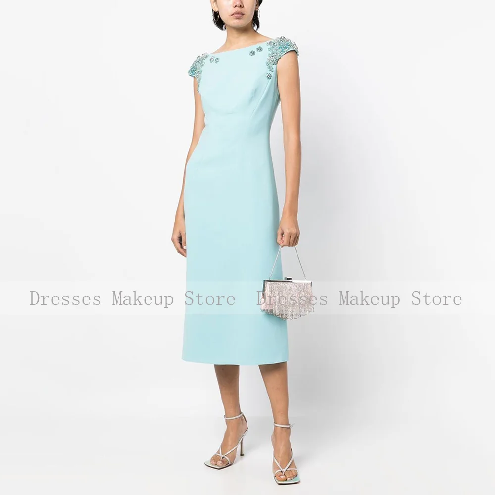 Short Evening Party Dresses Mint Crystal Scoop Cap Sleeves Luxury Cocktail Gowns for Women 2024 Tea Length Column Cocktail Dress