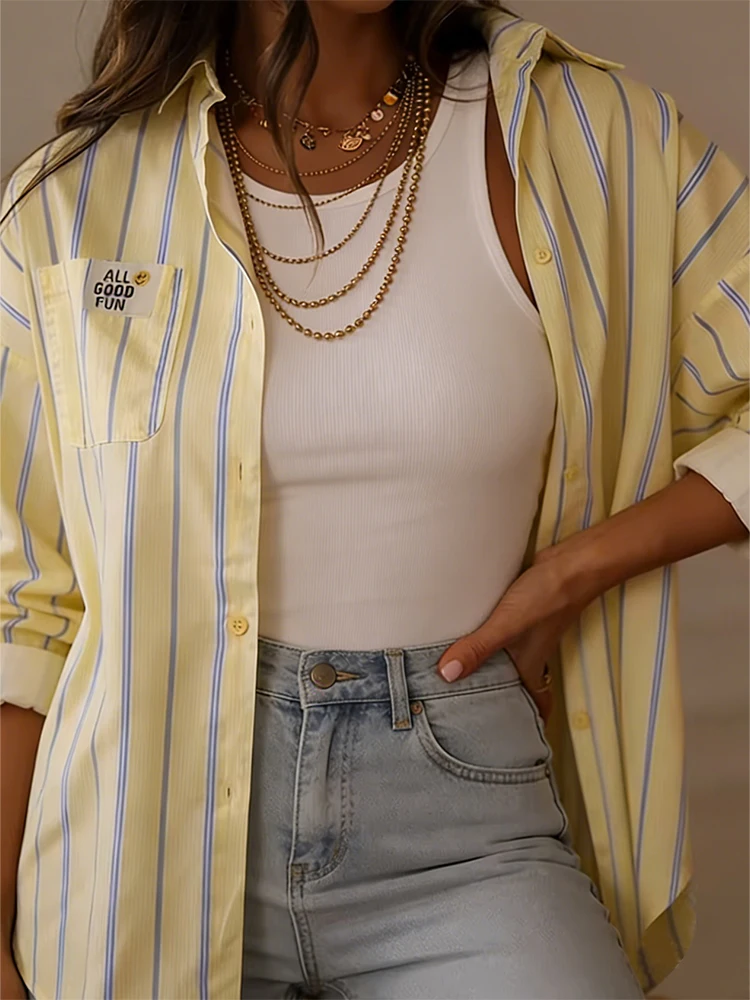 

Women's Oversized Yellow Blue Striped Button Down Shirt Back Button Detail Long Sleeve Casual Soft Fashion Summer Top