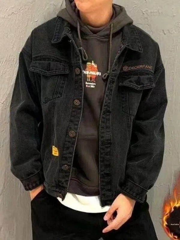 

Men's Fce Lined Loose Fit Denim Jaet Autumn Winter Korean Sle Student Casual Outerwear Seven Sve Long Coat