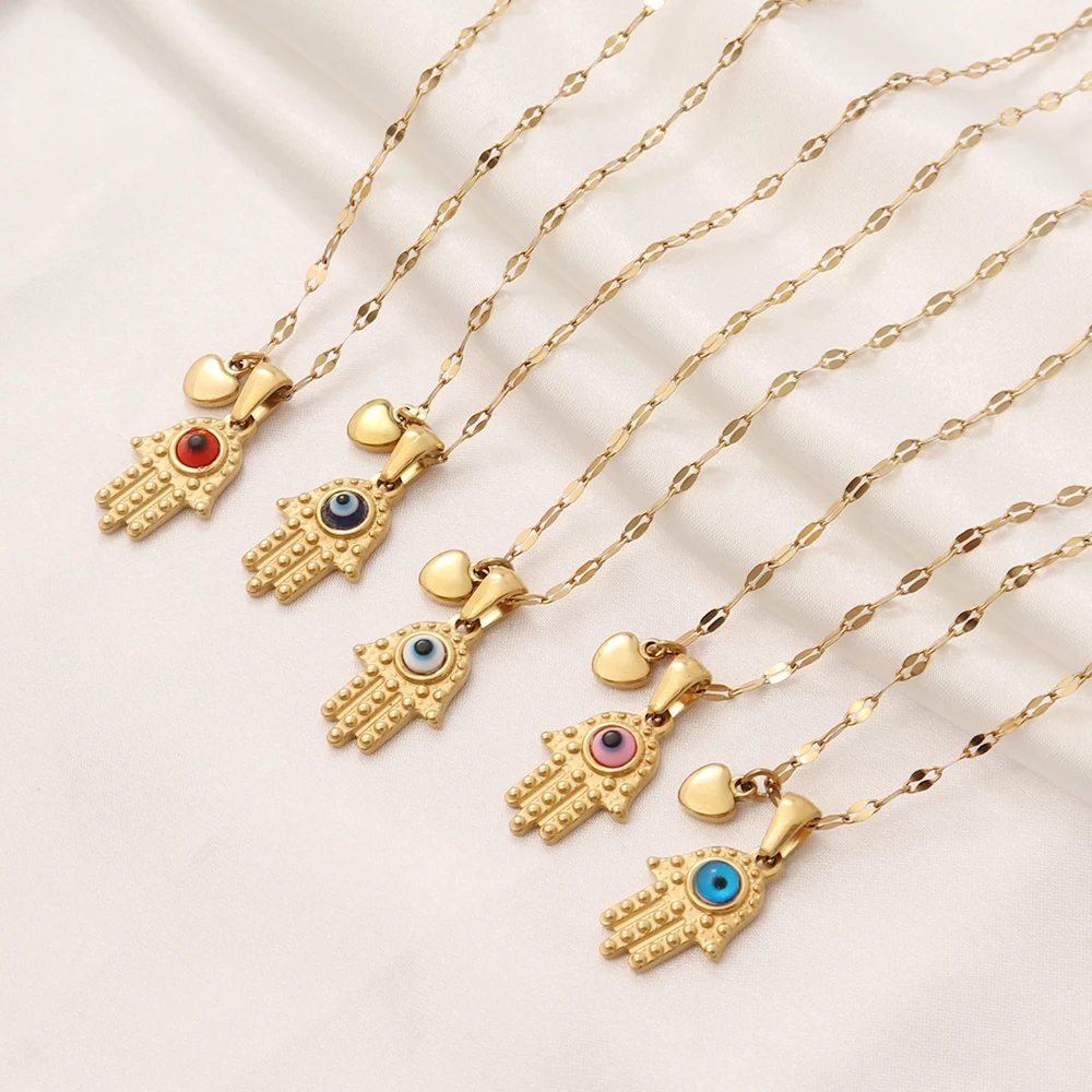 Trend Colorful Devil's Eye Beads Necklace For Women Stainless Steel Lip Chain With Fatima Hand Pendant Choker Jewelry Wholesale