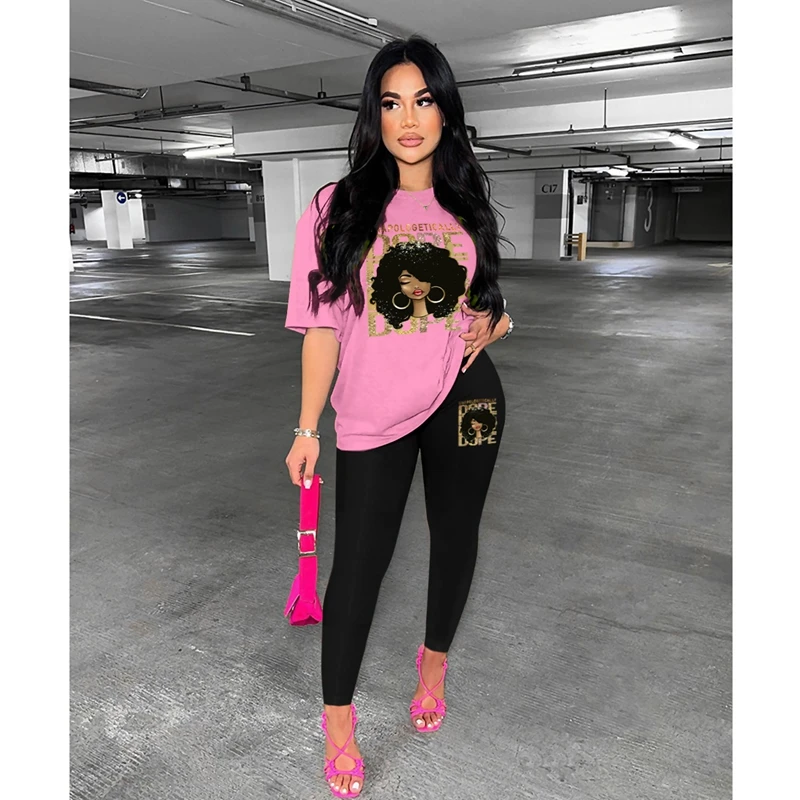 

STYLISH LADY Cartoon Printed 2 Piece Set Women Short Sleeve T Shirt and Skinny Pant Suits 2024 Summer Casual Street Tracksuits