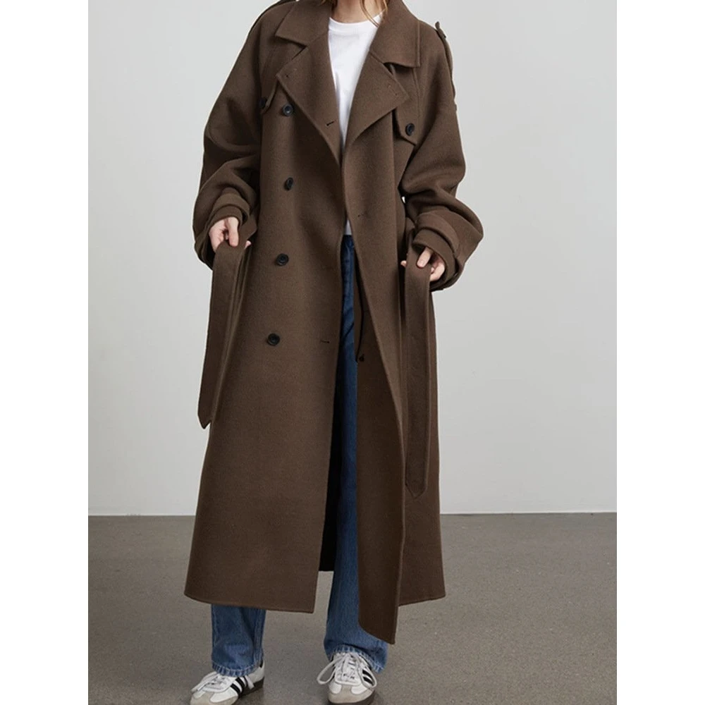 

Длинное шерстяное пальто Ele, женский плащ с поясом, воротником-стойкой и поясом, осенне-зимняя верхняя одежда Faion