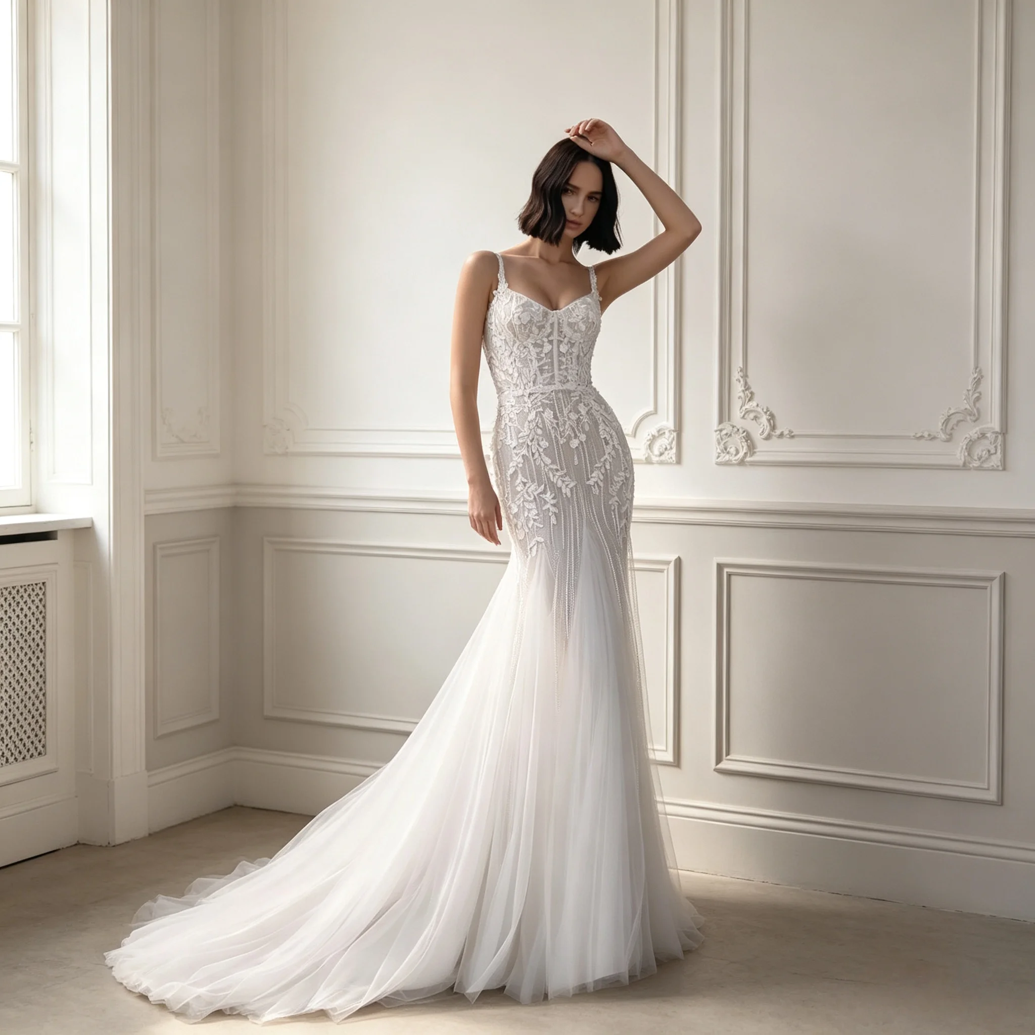 White Beaded Appliques Thin Straps Modern Mermaid Wedding Dress Lace Corset Bodice Chapel Train Bridal Gown Customizable