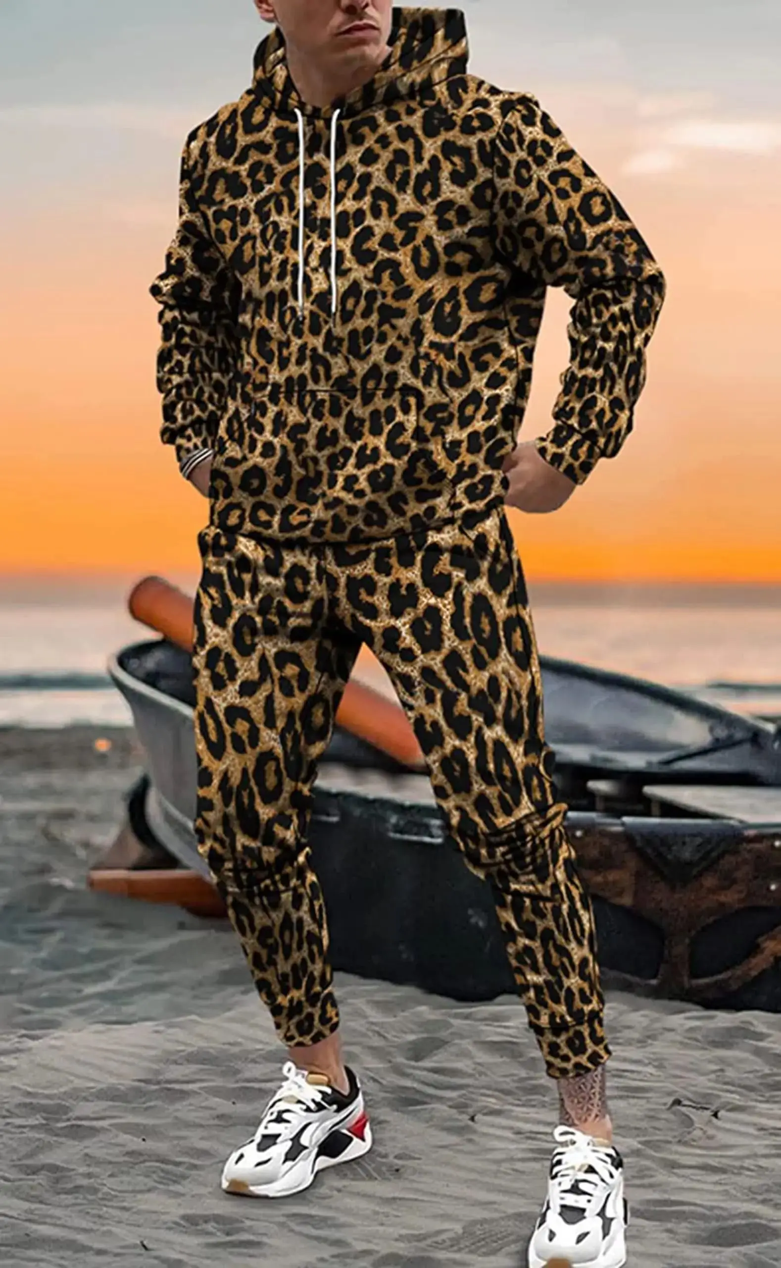 Men's 3D Leopard Print Hoodies 2-Piece Hooded Sweatshirt Sweatpants Set Autumn/Winter New Loose Casual Outdoor Tracksuit Outfits