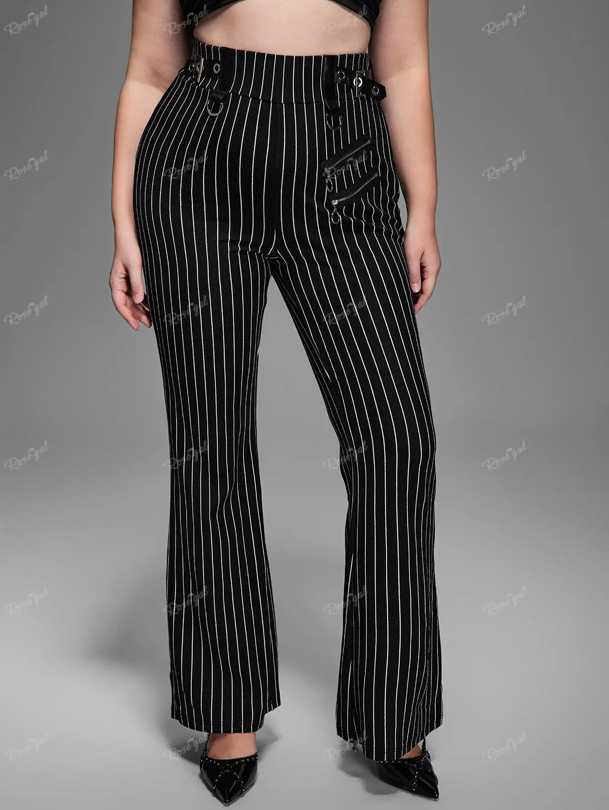 ROSEGAL Plus Size Gothic Flare Pants Black Zipper Striped PU Panel Buckle Rings Grommet Pant Elastic Waist Bottoms Trouser Mujer