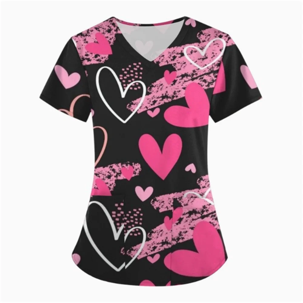 

Women's Comfortable Casual V-Tie Pocket Nurse Uniform with 3D Love Playing Card Pattern Surgical Workwear