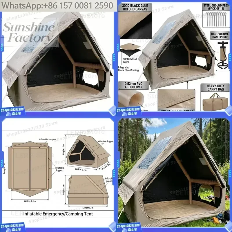 300D Black Coated Oxford Inflatable Triangle Tent 3*2.1*2m Waterproof Windproof PVC Air Column Camping Tent With PE Ground