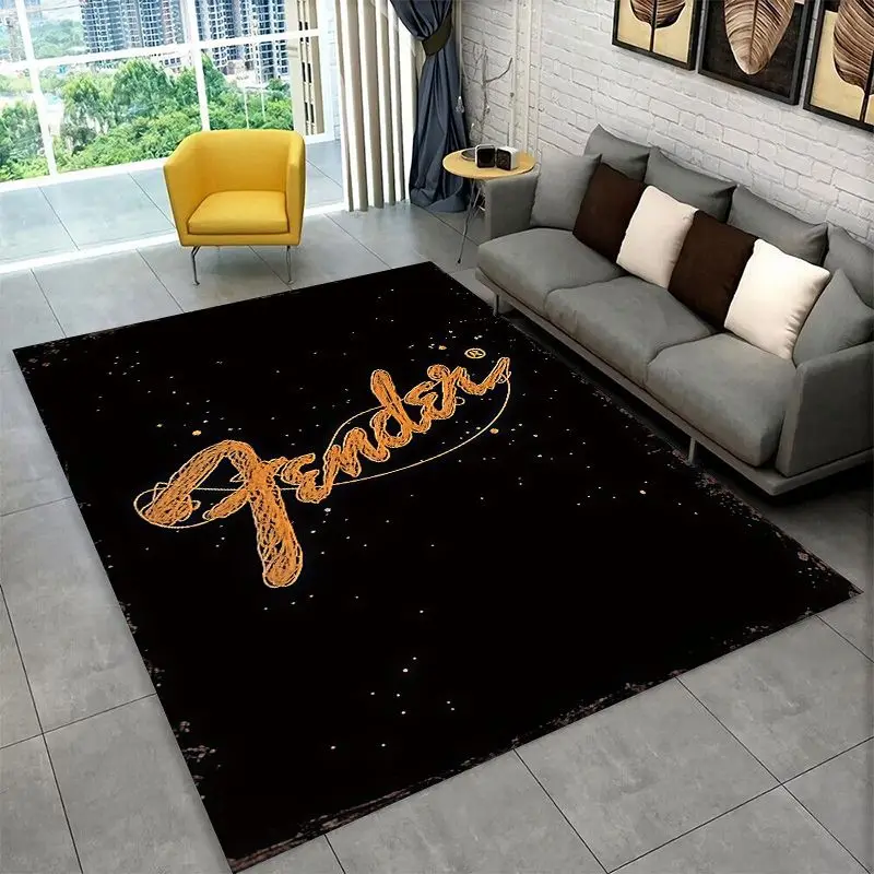 Retro Fender Guitar Logo Instruments Music Non-Slip Area Rug for Living Room,Bedroom,Playroom,Carpet Floor Mat Home Decor Rug