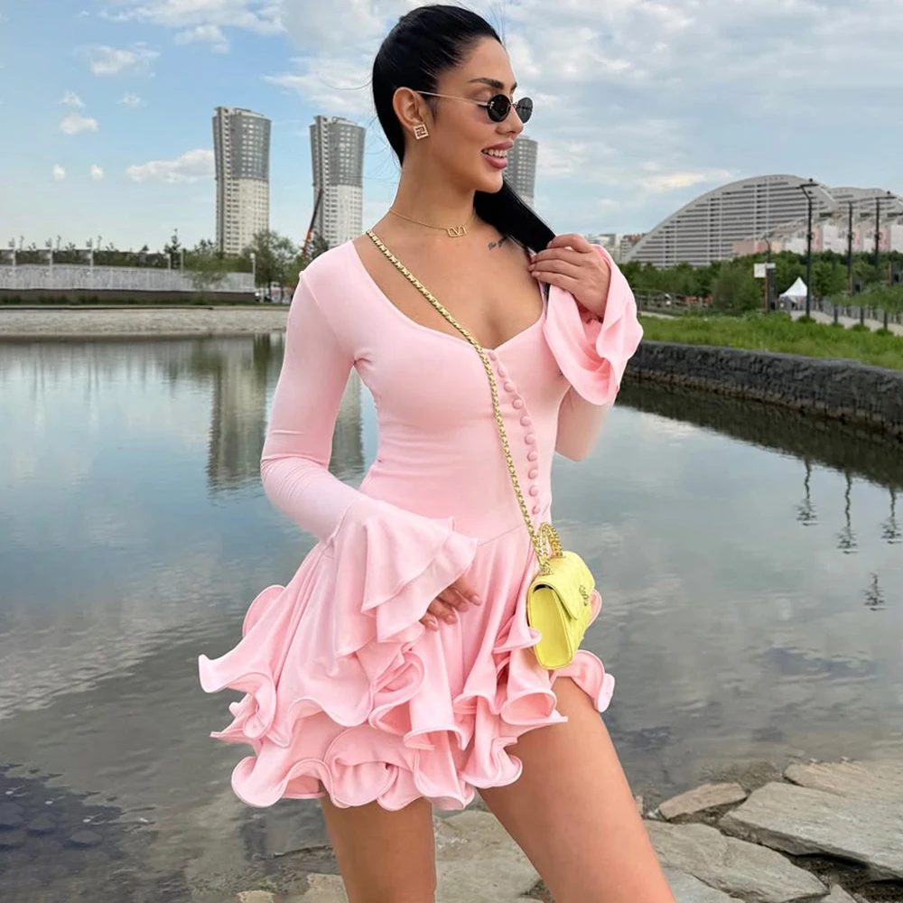 

Talenza Ruffle Hem V-Neck A-Line Dress For Women Single Breasted Long Sleeve Irregularly Bodycon Lady Party Streetwear Outfits