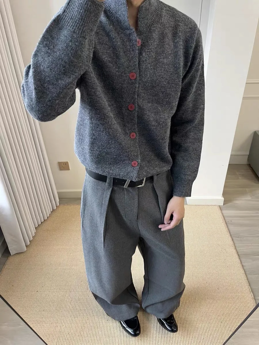 الرجعية الأحمر زر محبوك سترة مفتوحة الرجال الخريف الشتاء لينة مريحة عادية كسول طوق Jaet فضفاضة تناسب طويلة Sve