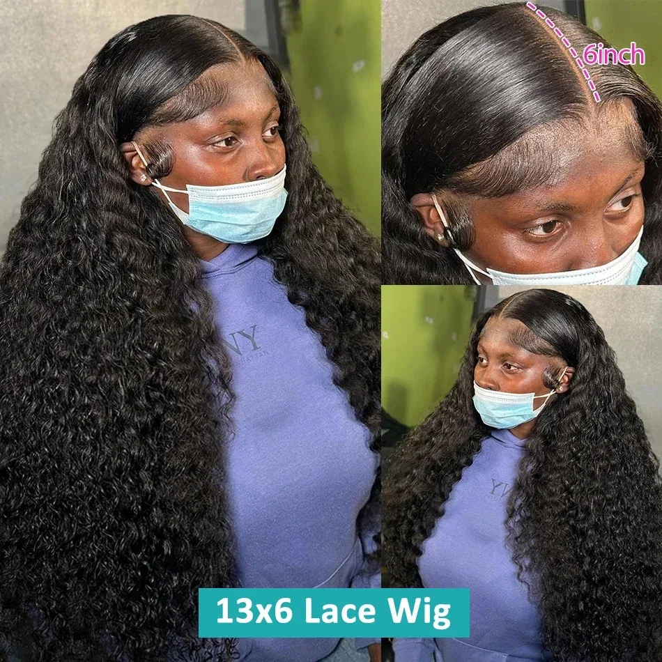 Perruque Lace Front Wig Deep Wave Brésilienne Remy Naturelle, Cheveux Humains, 13x4, 13x6, Transparent HD, Densité 180, 30 40 Pouces, pour Femme