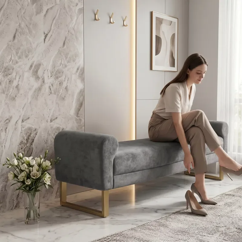 Modern Luxury Dark Grey Chenille Dining Chair Gold Metal Frame Upholstered Seat with Footrest for Hotel Bedroom Living Room