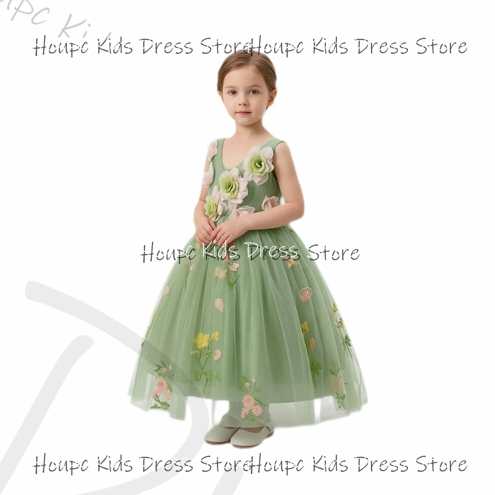Custom Flower Girl Dresses Sleeveless Sage Green Tulle Dress with 3D Floral Appliques for Wedding Birthday Party, Evening Party