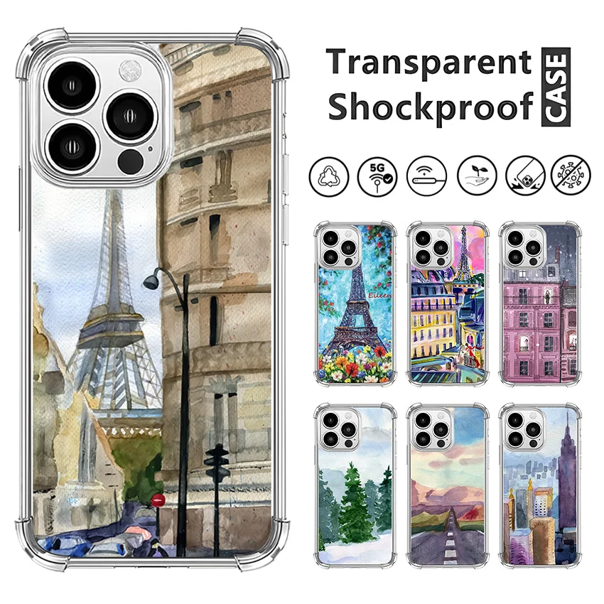 Oil Painting City High Rise Buildings Phone Case For iPhone 16 15 14 13 12 11 Pro X XS XR Max 7 8 Plus Mini Soft Clear TPU Cover