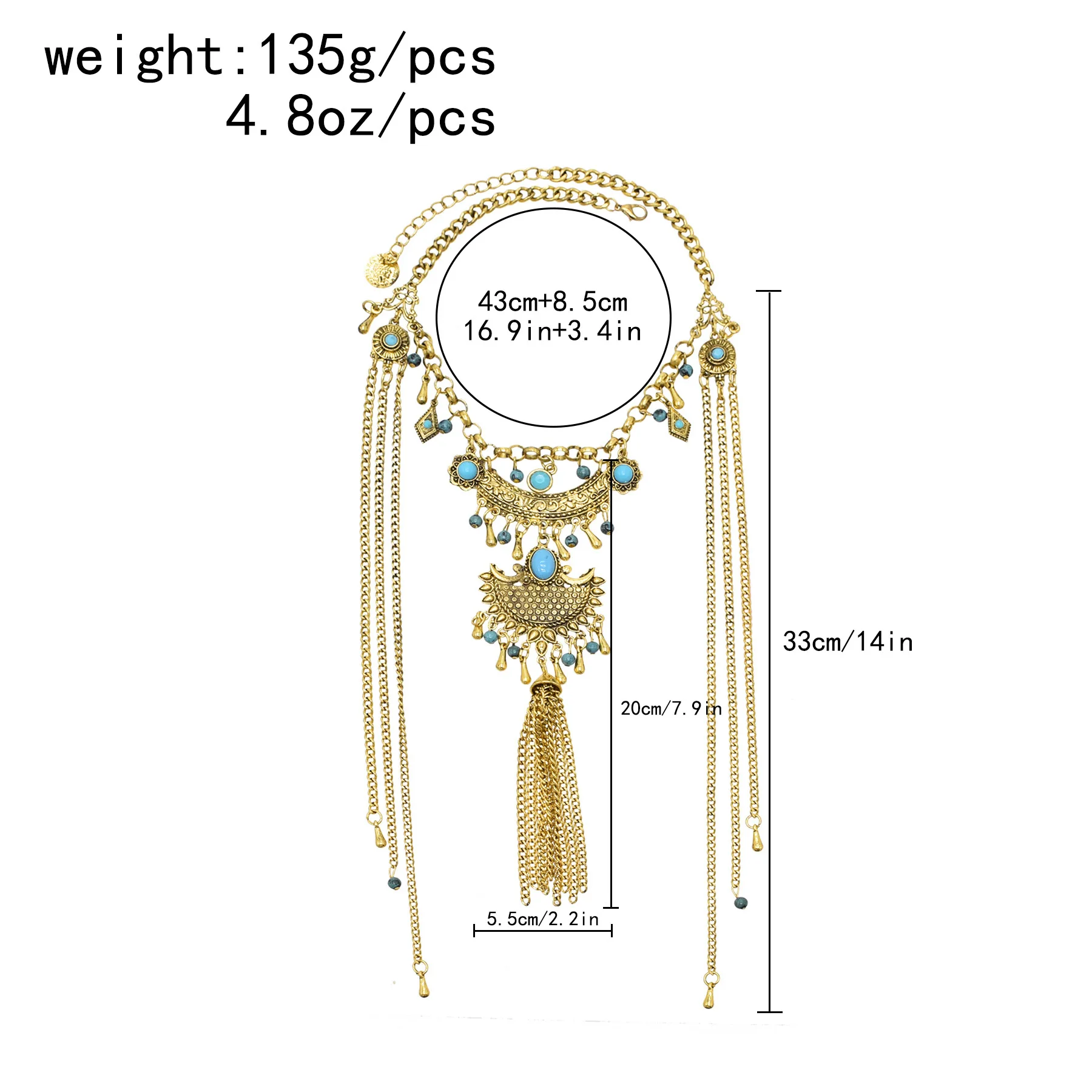 Vintage goldene silbrige Statement-Halskette für Frauen, bunte Strasssteine, lange Ketten, Halsketten, Gypsy, Boho, ethnischer Halsschmuck – Detail 31