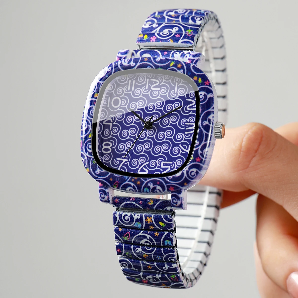 Modische Regenbogen-Böses-Auge-Quadrat-Damenuhr mit buntem elastischem Armband, Damen-Armbanduhren Relogio Feminino (ohne Box) – Detail 12