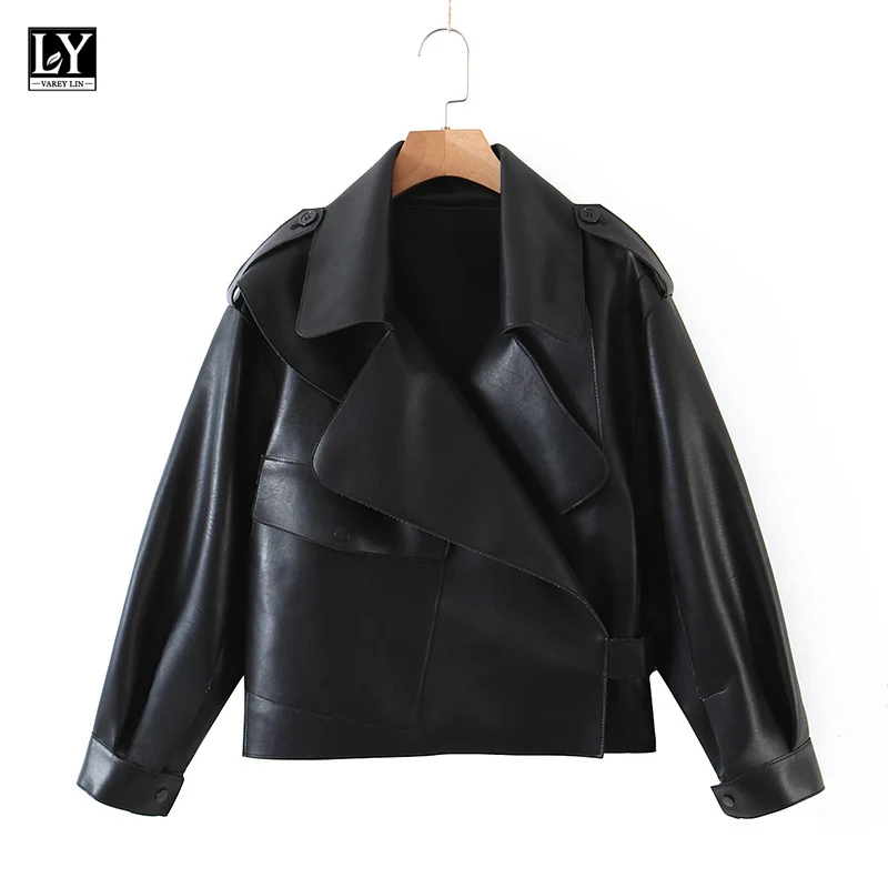 LY VAREY LIN New Spring Autumn Women Biker Jacket Faux Leather Jacket Biker Turndown Collar PU Jacket Loose Streetwear Coat