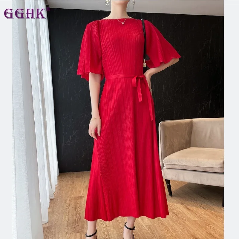 

GGHK Pleated Women Casual Dress 2024 Summer New Solid Color Vintage Tie Design Korean Fashion Dresses