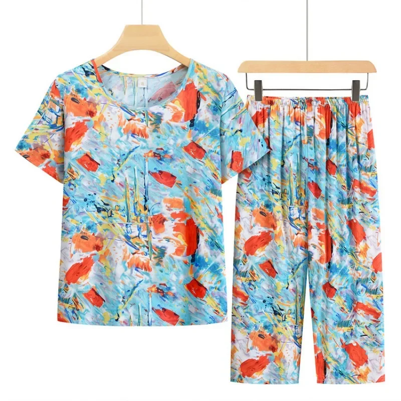 Conjunto de pijama feminino de duas peças, fino, calça confortável e respirável, casual e solto, meia-idade, novo para verão