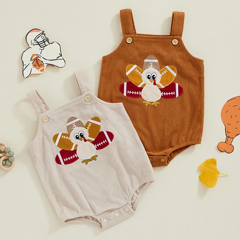 2024-07-13 Lioraitiin Baby Thanksgiving Overalls Romper Football Turkey Embroidery Sleeveless Square Neck Jumpsuit