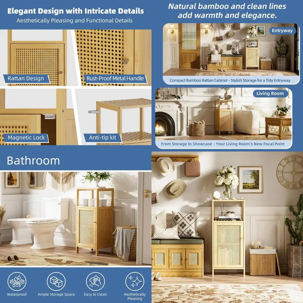 

Natural Bamboo Storage Cabinet, Compact Freestanding Organizer with Door for Home Essentials