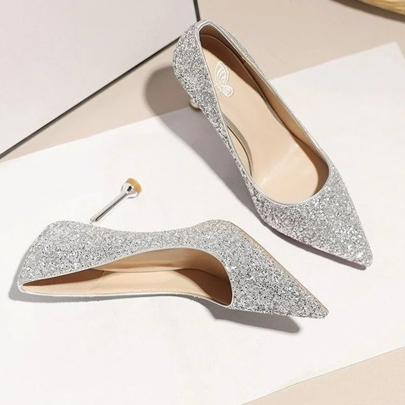 2022 New Women Pumps High Thin Heel Metal Pointed Toe Shallow Sexy Ladies Bling Bridal Wedding Women Shoes White High Heels