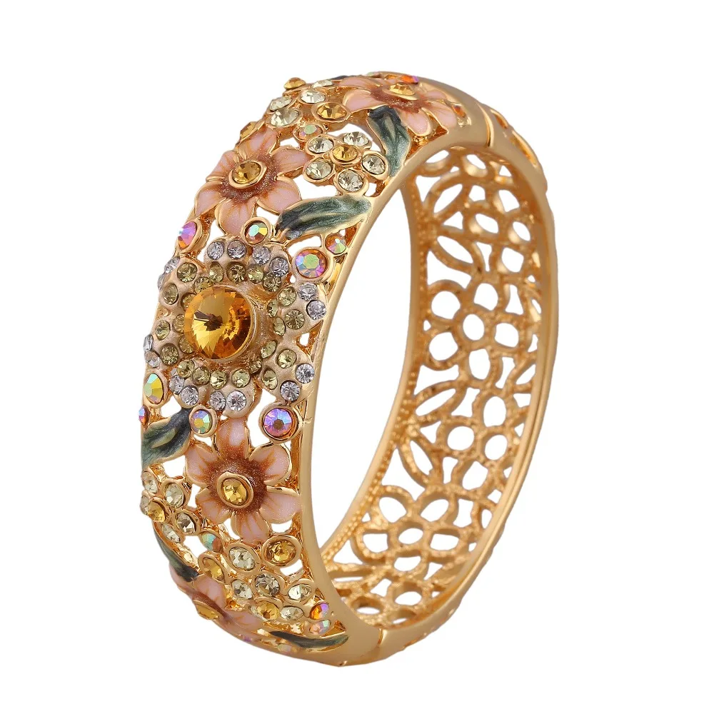 

Enamel Chinese Cloisonne Bracelet Ethnic Rhinestone Hollow Out Flower Bangle Traditional Handicraft Women's Hand Bracelet