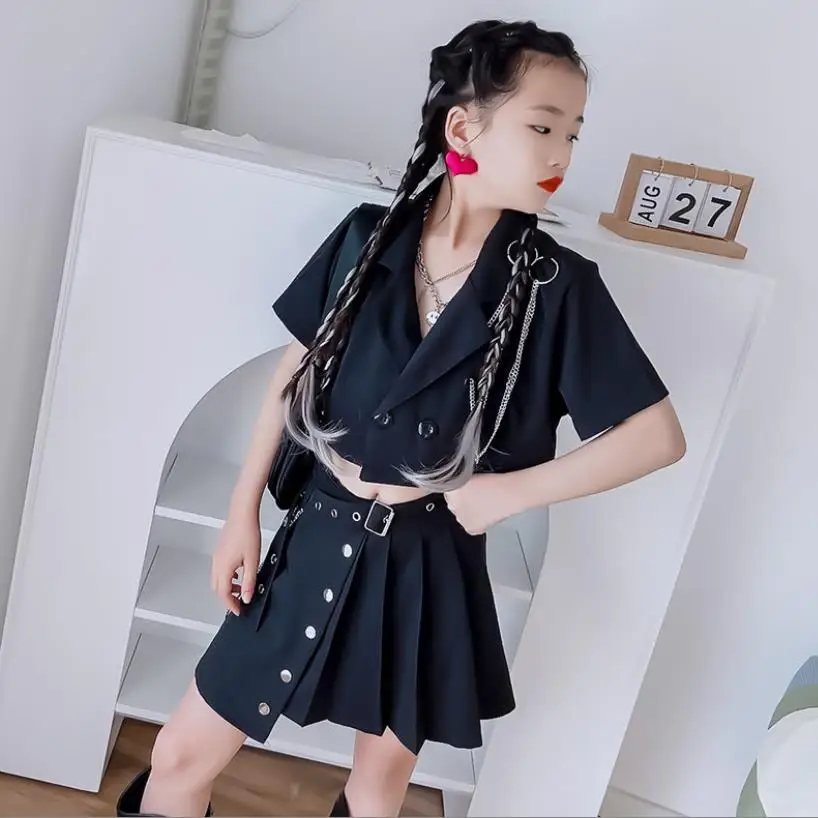 Summer New Girl Suits Black Crop Blazer + Skirt 2pcs Sets Fashion Short Sleeve Tops Suits Dance Clothes Teen Sets Wz732 show