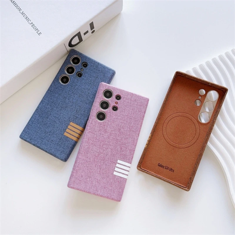 Made of luxury linen, suitable for Samsung Galaxy S24 Ultra S24+ S23 Ultra, solid color and simple magnetic MagSafe phone case