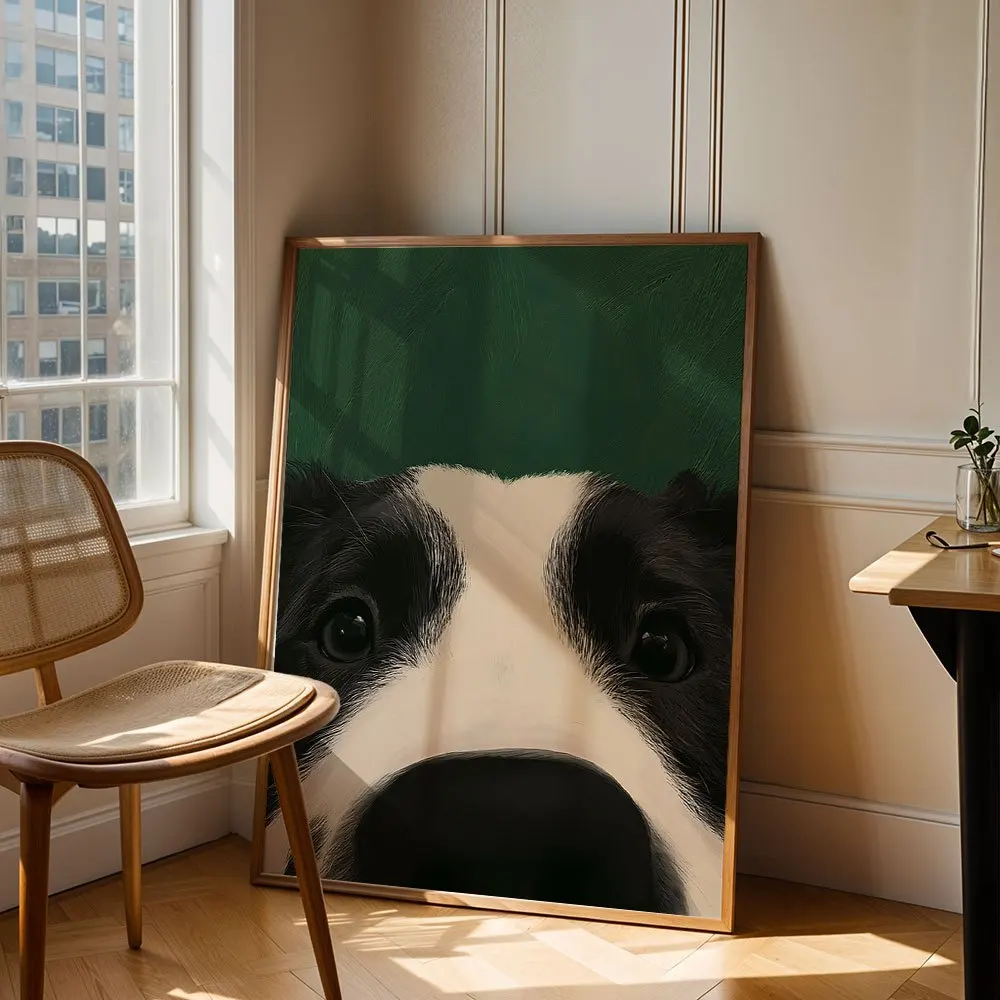 Abstract Dark Green Background Border Collie Head Canvas Wall Art, Cute Pet Home Decor For Bedroom Living Room, 2D Print Poster