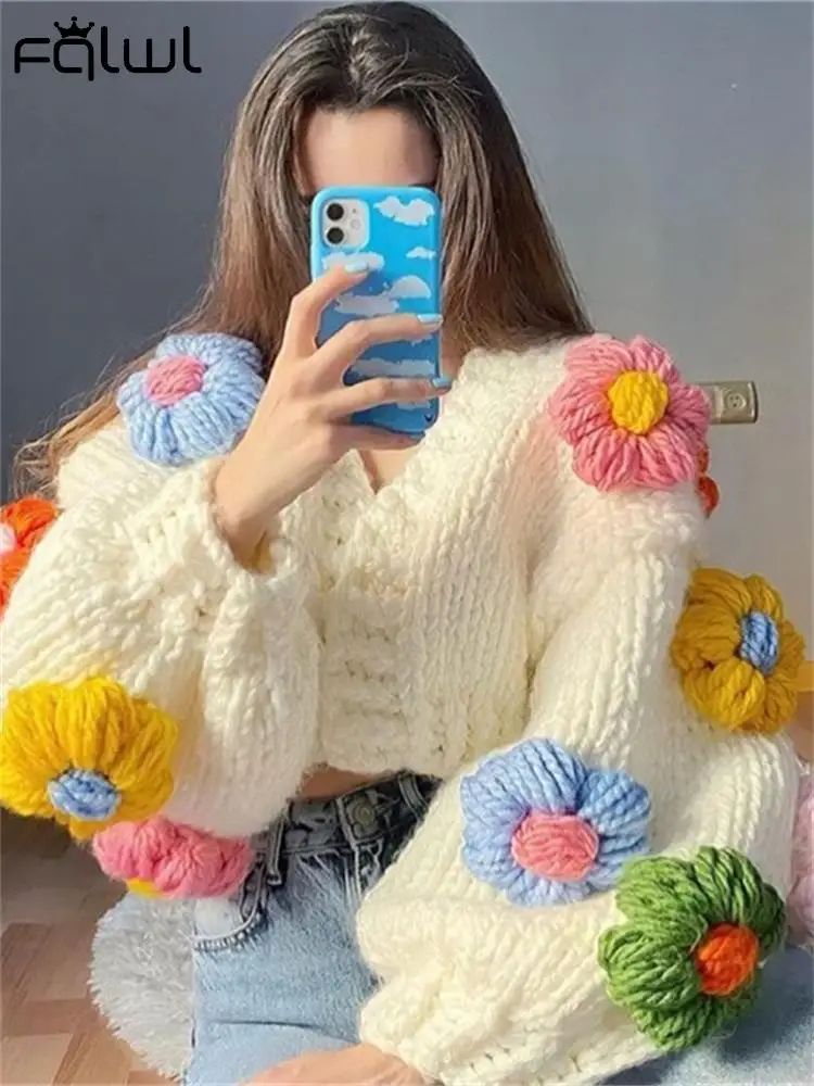 Habbris Flower Crochet Sweater Casual Outfit For Women 2023 Fall Winter Cardigan Sweater Fashion Ins Thickening For Warmth Coat