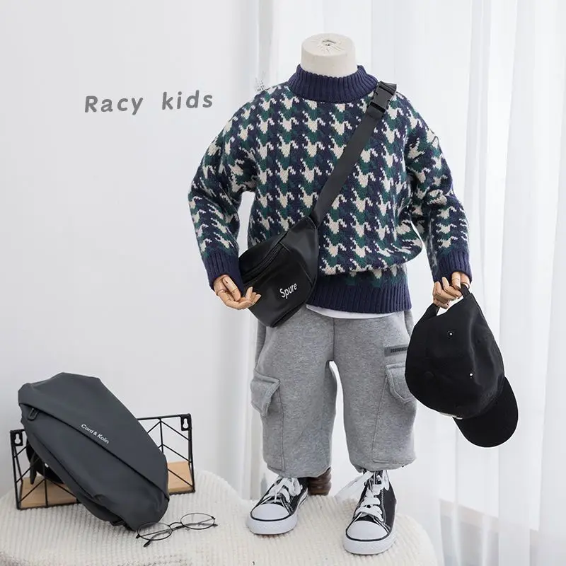 Autumn Winter Baby Boy Thick Sweater New Round Collar Houndstooth Toddler Boy Pullovers Loose Warm Long Sleeve Kids Boy Knitwear