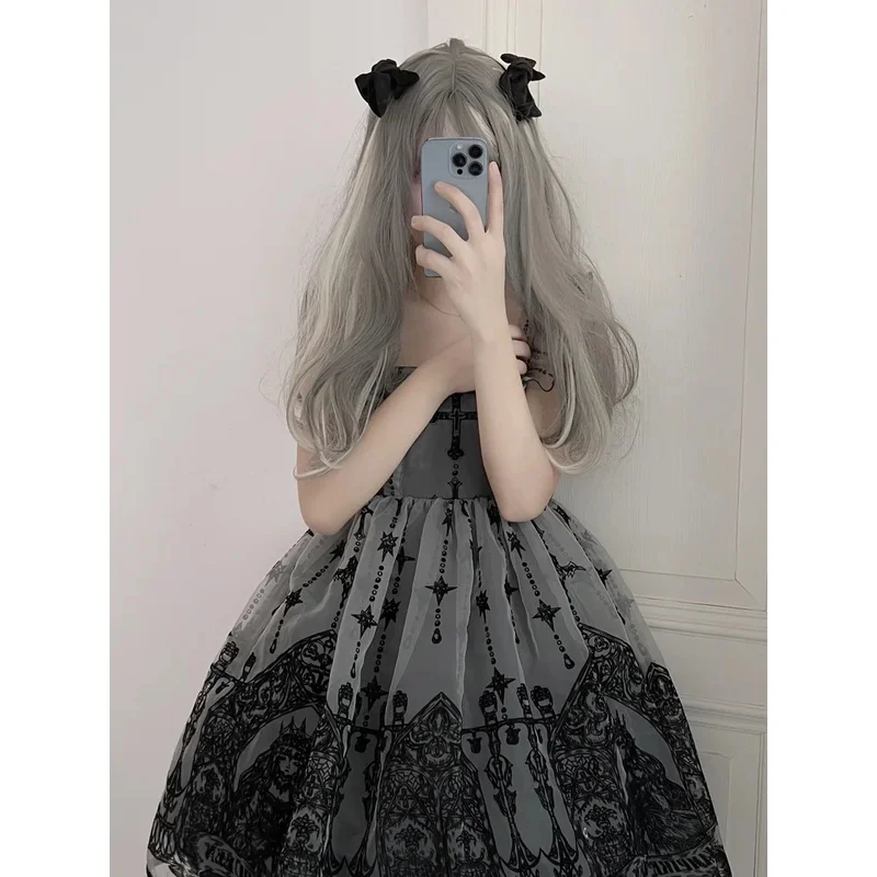 qq78Request7Gaun Lolita Musim Semi dan Musim Gugur JSK Angin Gelap Lucu Manis Hitam Abu-abu Renda Kerah Persegi Silang Penyihir Bordir Busur Ka