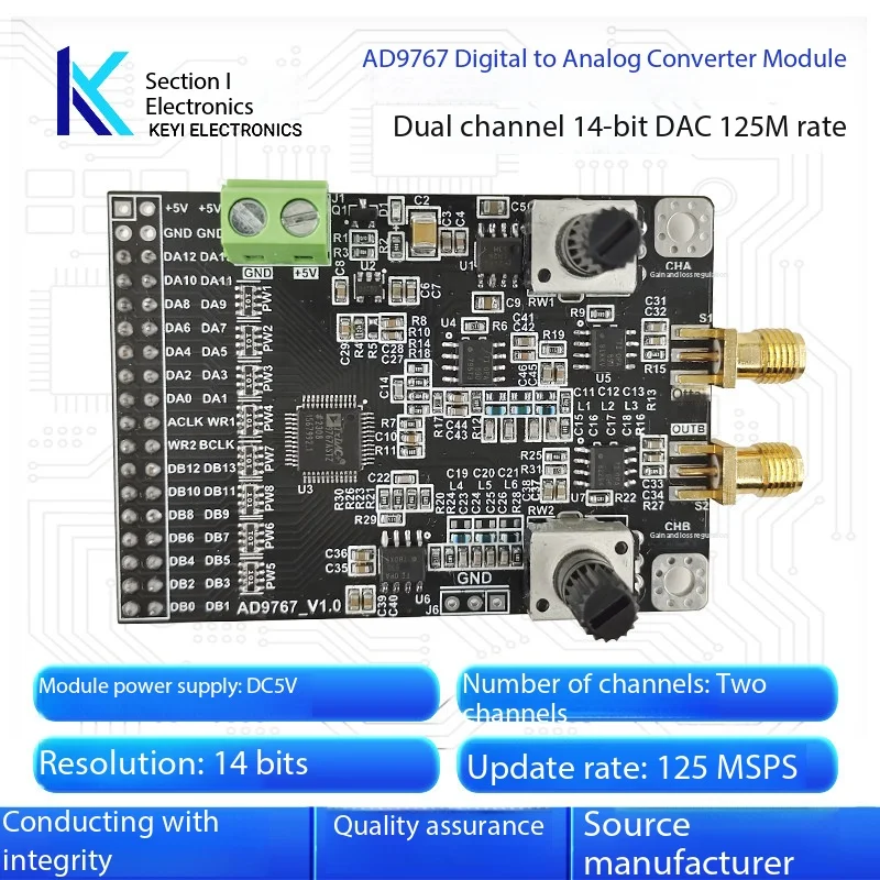 AD9767 Dual-Channel 14-Bit 125MSPS High-Speed DAC Module for Waveform Generation