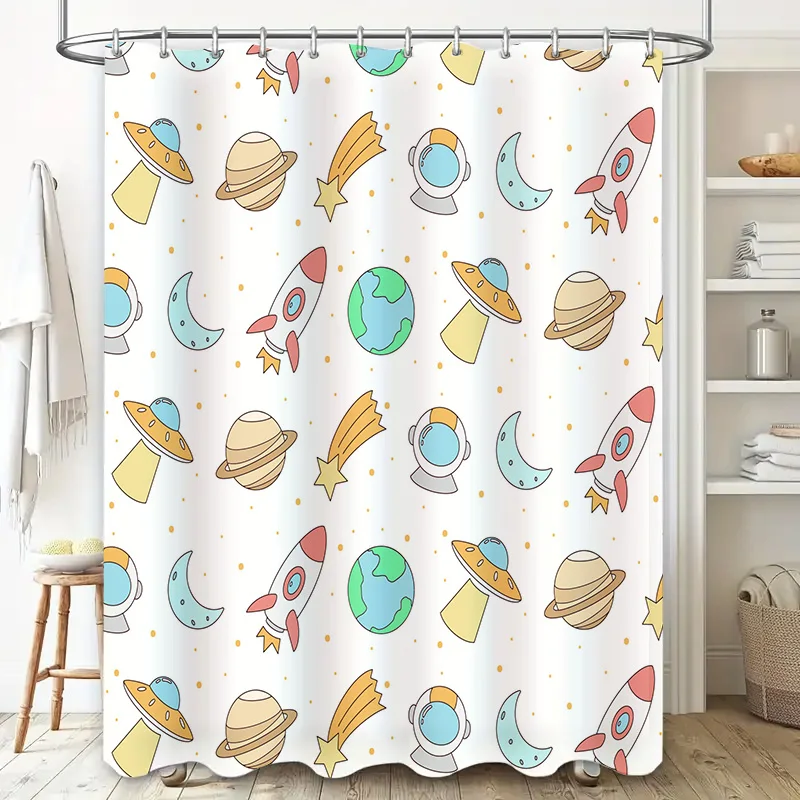 Space Exploration Shower Curtain Cartoon Print Bathroom Decor Set Cute Space Ship, Planet Earth Moon Design for Kids