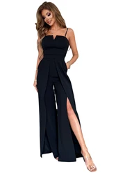 Zwarte jumpsuit met spaghettibandjes, hoge split en zakken