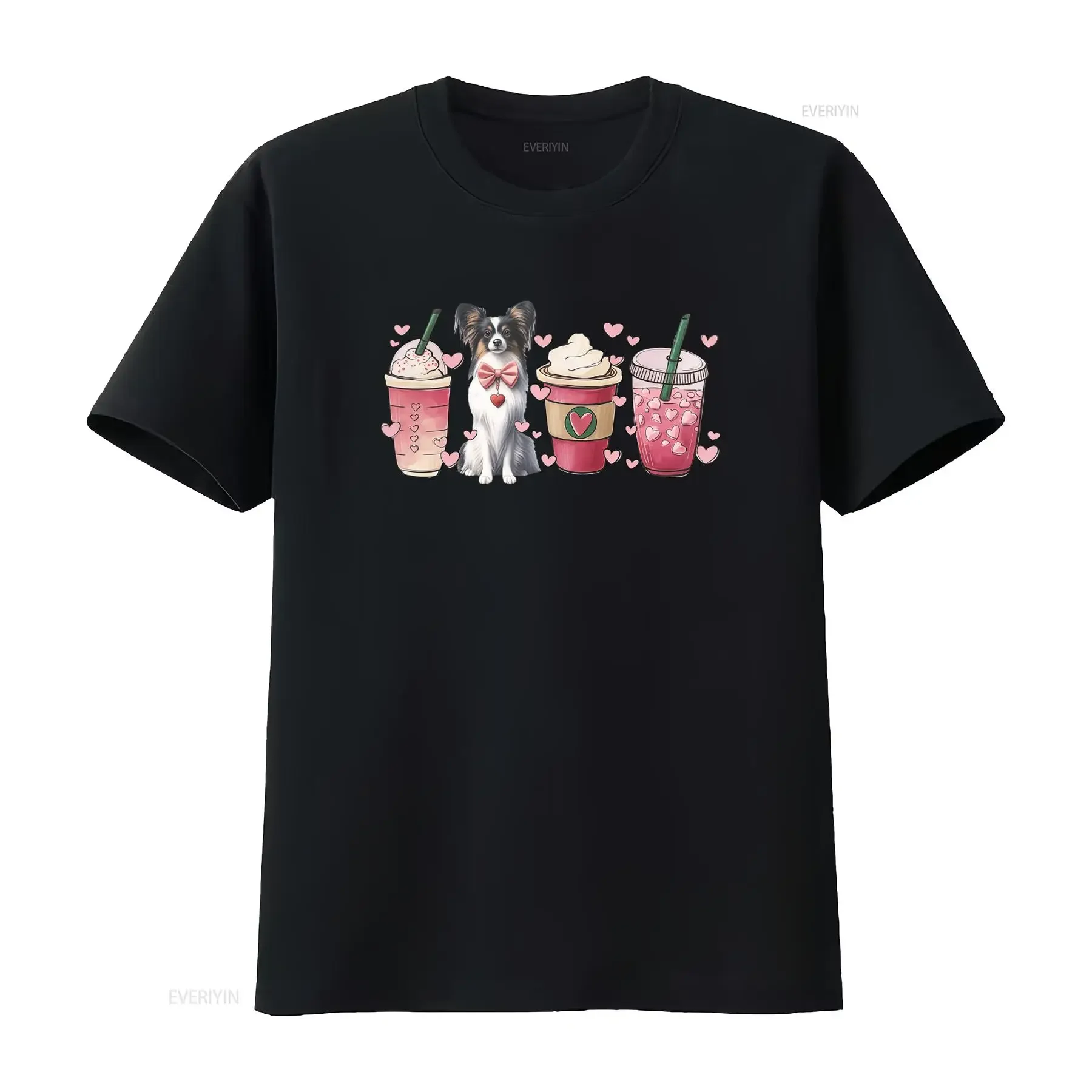 Papillon Dog T Shirt for Lovers Cute with Coffee and Hearts Design Perfect Mothers Day Pet People vintage Washed Breathable
