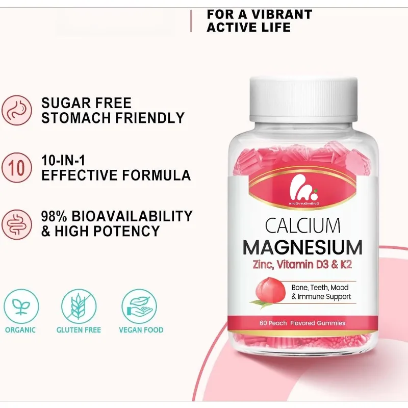 

Sugar free calcium citrate peach flavored gummies, magnesium gummies containing vitamin D3 K2, healthy bones, muscles, joints